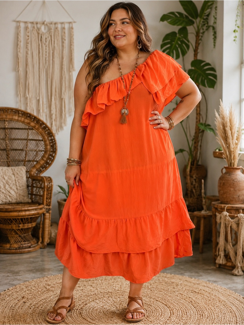 Marciano 100% Silk Tangerine One Shoulder Ruffle Tiered Midi Dress Quiet Luxury
